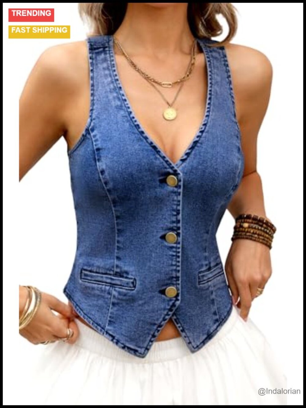 Cropped Denim Vest Western Style Faux Pockets Adjustable Back Bow V-Neck